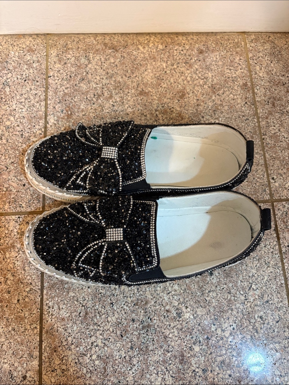 Embellished Black Slip-On Flats with Bow Detail